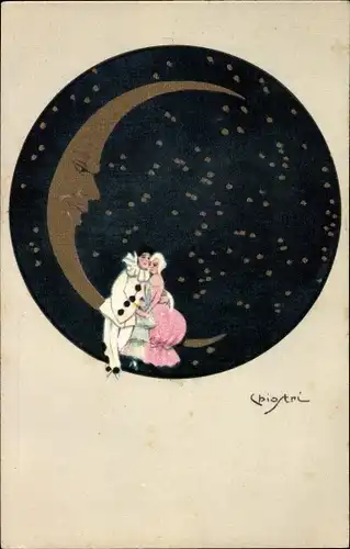 Künstler Ak Chiostri, Liebespaar auf dem Mond, Sternenhimmel