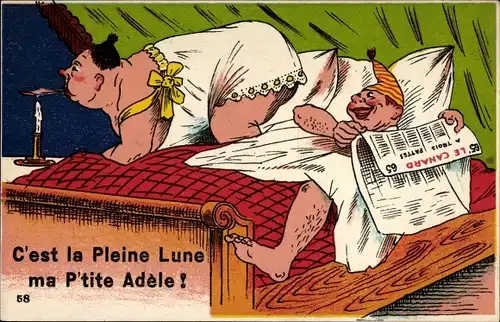 Künstler Ak C'est la Pleine Lune ma p'tite Adèle, Le Canard, À Trois Pattes, Paar im Bett, Zeitung