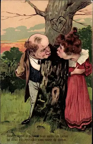 Präge Litho Mann und Frau wollen sich küssen, Liebespaar