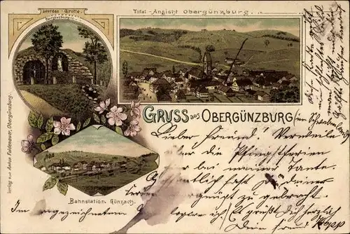Litho Obergünzburg im schwäbischen Kreis Ostallgäu, Lourdes Grotte, Bahnstation, Totalansicht 