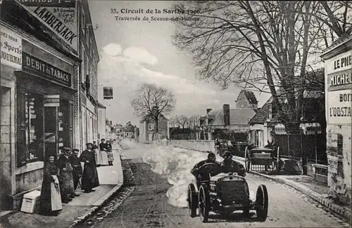 Ak Circuit de la Sarthe 1906, Traversée de Sceaux sur Huisne Sarthe, Autorennen