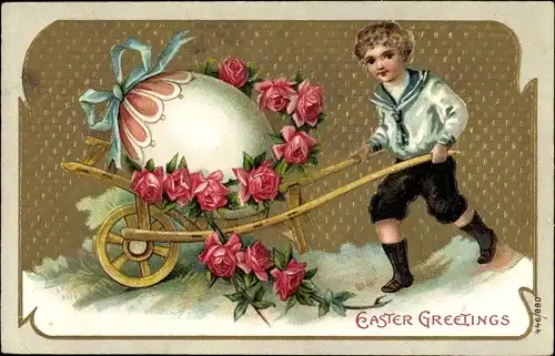 Präge Litho Glückwunsch Ostern, Junge in Matrosenanzug mit Osterei