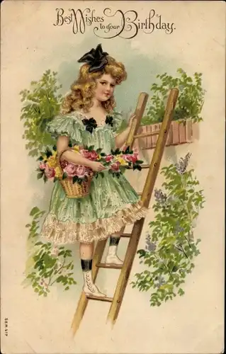 Präge Litho Glückwunsch Geburtstag, Mädchen mit Blumen auf einer Leiter