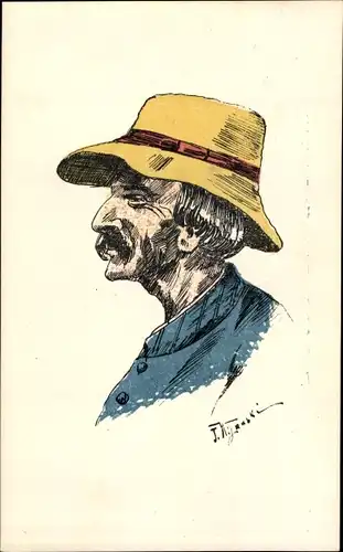 Künstler Ak Portrait von einem Mann mit Schnauzbart und gelbem Hut, Profil