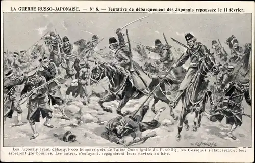 Künstler Ak Russisch Japanischer Krieg, Schlacht beim Anlanden der Japanischen Truppen