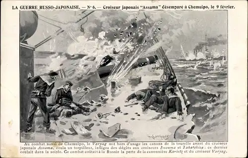 Künstler Ak Russisch Japanischer Krieg, Japan. Kreuzer Assama, Kriegsschiff, Seeschlacht v. Chemulpo
