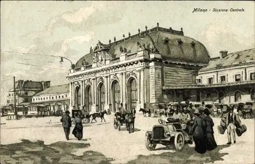 Künstler Ak Milano Mailand Lombardia, Stazione Centrale, Blick auf den Bahnhof, Straßenseite