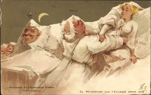Litho Nachtszene, Prähistorischer Ekkehard, Berggesichter, Killinger No 113
