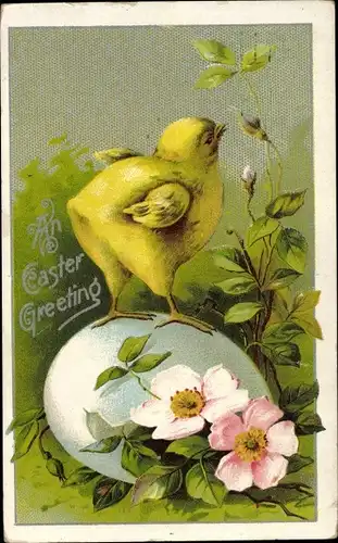 Präge Litho Glückwunsch Ostern, Küken auf einem Ei, Heckenrose