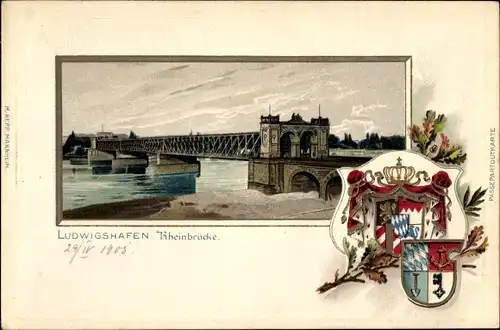 Präge Wappen Litho Ludwigshafen am Rhein Rheinland Pfalz, Blick auf die Rheinbrücke