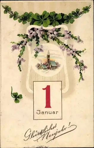 Präge Litho Glückwunsch Neujahr, Kalenderblatt 1 Januar, Kleeblätter, Kirche