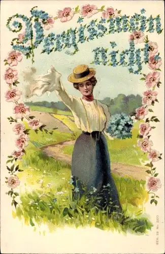 Präge Litho Vergissmeinnicht, Junge Frau mit Blumen auf einem Feld