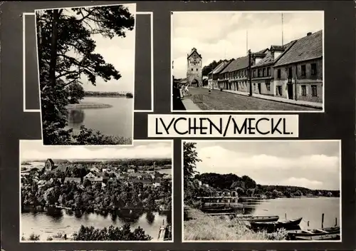 Passepartout Ak Lychen im Kreis Uckermark, Seeblick, Blick zum Tor, Teilansicht vom Ort