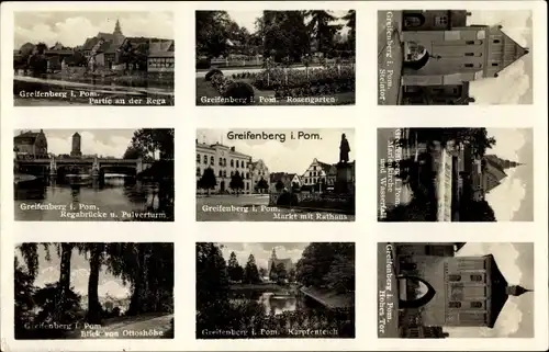 Ak Gryfice Greifenberg Pommern, Partie an der Rega, Rosengarten, Markt, Rathaus, Karpfenteich