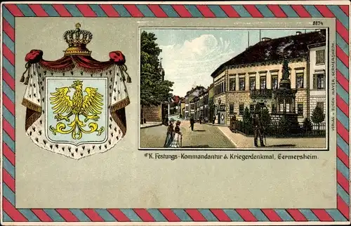 Wappen Litho Germersheim in der Rheinebene Rheinland Pfalz, Festungs Kommandantur und Kriegerdenkmal