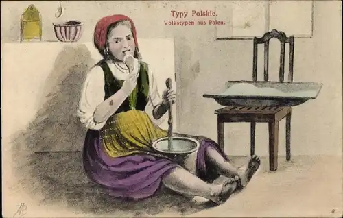 Künstler Ak Typy Polskie, Volkstypen aus Polen, Mädchen leckt Kochlöffel ab