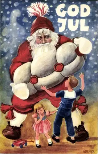 Künstler Ak Geerd, Frohe Weihnachten, Weihnachtsmann, Kinder, Geschenk, God Jul