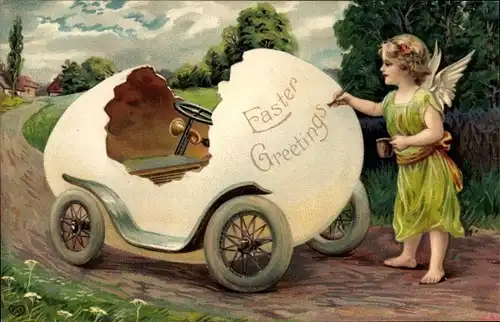 Präge Ak Glückwunsch Ostern, Engel mit einem Ostereierauto, Kitsch