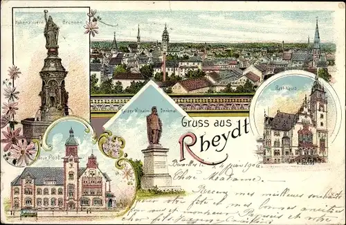 Litho Rheydt Mönchengladbach Niederrhein, Hohenzollern Brunnen, Neue Post, Kaiser Wilhelm Denkmal