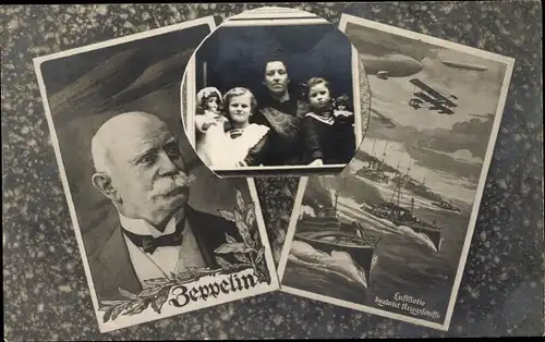 Passepartout Ak Ferdinand Graf von Zeppelin, Familie am Fenster, Luftflotte begleitet Kriegsschiffe