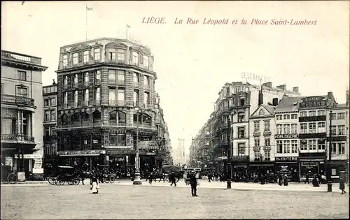 Ak Liège Lüttich Wallonien, La Rue Leopold et la Place Saint Lambert, Geschäftshäuser