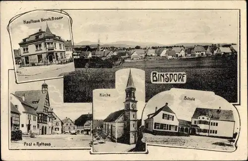 Ak Binsdorf Geislingen im Zollernalbkreis, Kaufhaus Bernh. Boser, Post, Rathaus, Kirche, Schule