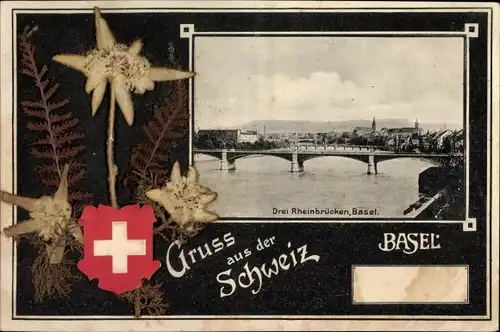 Material Ak Bâle Basel Stadt Schweiz, Die drei Rheinbrücken, Edelweiß, Wappen