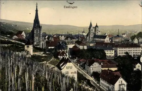 Ak Esslingen am Neckar Baden WürttembergBlick auf den Ort mit Kirchen, Weinberge