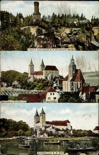 Ak Rochlitz an der Mulde, Turm und Steinbruch Rochlitzer Berg, Schloss, Petrikirche, Gondelteich