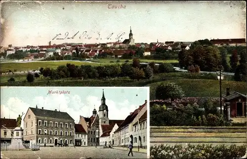 Ak Taucha in Nordsachsen, Panoramaansicht der Stadt, Bahnhof, Marktplatz, Denkmal
