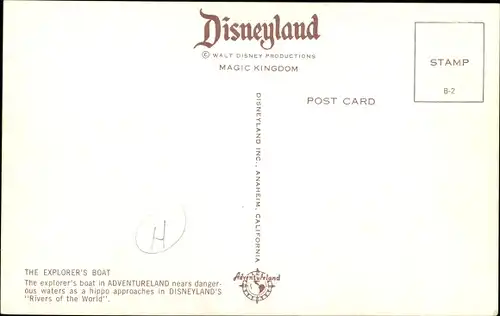 Ak Anaheim Kalifornien USA, Disneyland, The Explorer's Boat, Adventureland, Nilpferd