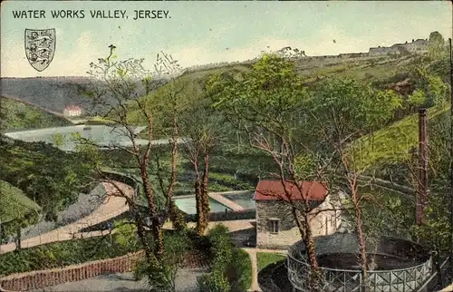 Wappen Ak Jersey Kanalinseln, Water Works Valley, Wasserwerk, Panorama vom Ort