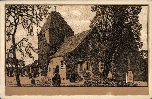 Künstler Ak Petzen Bückeburg im Kreis Schaumburg, Kirche, Außenansicht, Friedhof