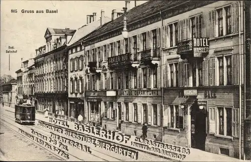 Ak Bâle Basel Stadt Schweiz, Straßenpartie, Hotel Baslerhof, Clarastraße 38, Straßenbahn