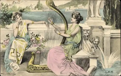 Künstler Ak Zwei Römerinnen an einer Harfe