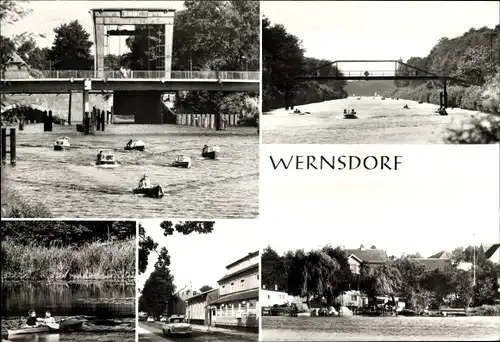 Ak Wernsdorf Königs Wusterhausen in Brandenburg, Motorboote, Brücke, Ruderpartie, Teilansicht