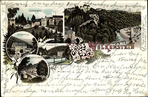 Litho Wolkenstein im Erzgebirge, Warmbad, Waldmühle, Hüttenmühle, Floßplatz
