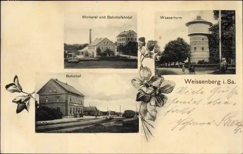 Ak Weißenberg in der Oberlausitz, Molkerei und Bahnhofshotel, Wasserturm, Bahnhof