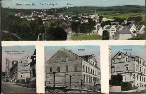 Ak Lauter Bernsbach im Erzgebirge Sachsen, Geschäftshaus von Louis Goldhahn, Schule, Postamt