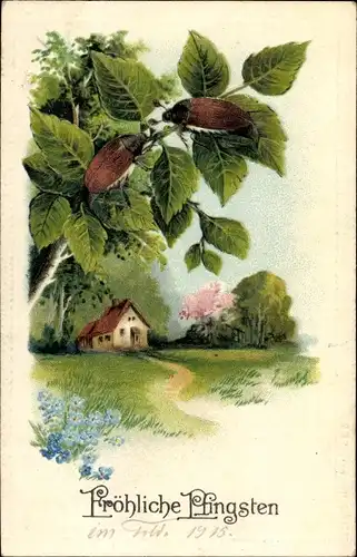 Präge Litho Glückwunsch Pfingsten, Zwei Maikäfer auf einem Baum, Frühlingslandschaft