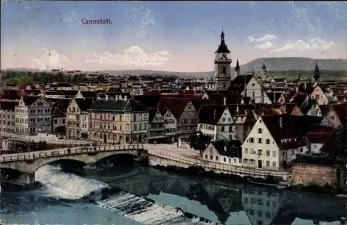 Ak Cannstatt Stuttgart in Baden Württemberg, Blick über den Neckar auf die Stadt, Brücke