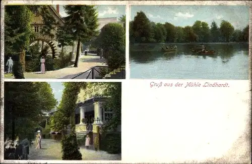 Ak Lindhardt Naunhof im Kreis Leipzig, Ansichten der Mühle Linhardt, Wasserpartie mit Booten