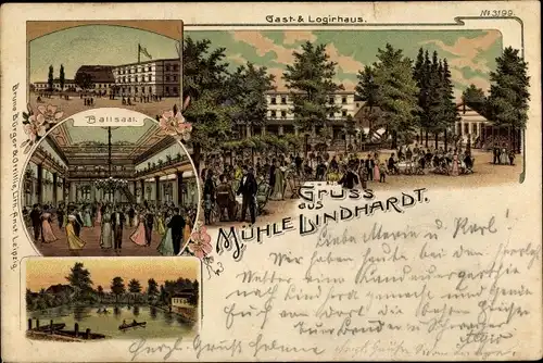 Litho Lindhardt Naunhof im Kreis Leipzig, Mühle Lindhardt, Ballsaal, Gast- und Logirhaus