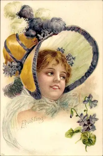 Litho Junge Frau in Damenhut, Blüten, Frühling, Allegorie, Kitsch