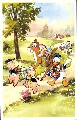 Künstler Ak Disney, Walt, Donald Duck, Bambi, Tick, Trick, Track, Schweinchen