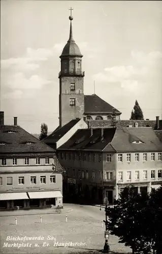 Ak Bischofswerda im Kreis Bautzen, Marktplatz und Evangelische Hauptkirche, Schuhhaus Alfred Elsner