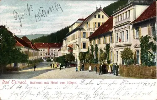 Ak Bad Teinach Zavelstein im Nordschwarzwald, Badhotel mit Hotel zum Hirsch, Straßenansicht