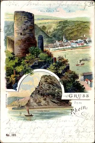 Litho St. Goar im Rhein Hunsrück Kreis, Burgruine Katz, Loreley Felsen