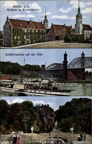 Ak Riesa an der Elbe Sachsen, Rathaus, Klosterkirche, Dampfer Wettin und Kaiser Wilhelm, Stadtpark