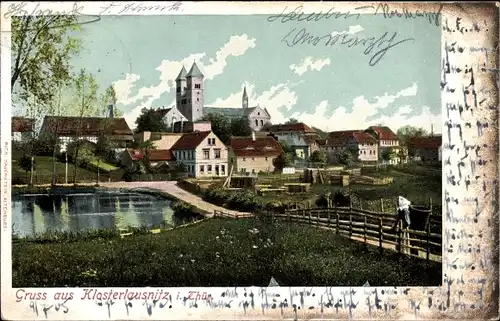 Ak Bad Klosterlausnitz in Thüringen, Teilansicht, Kirche, Teich, Holzlager